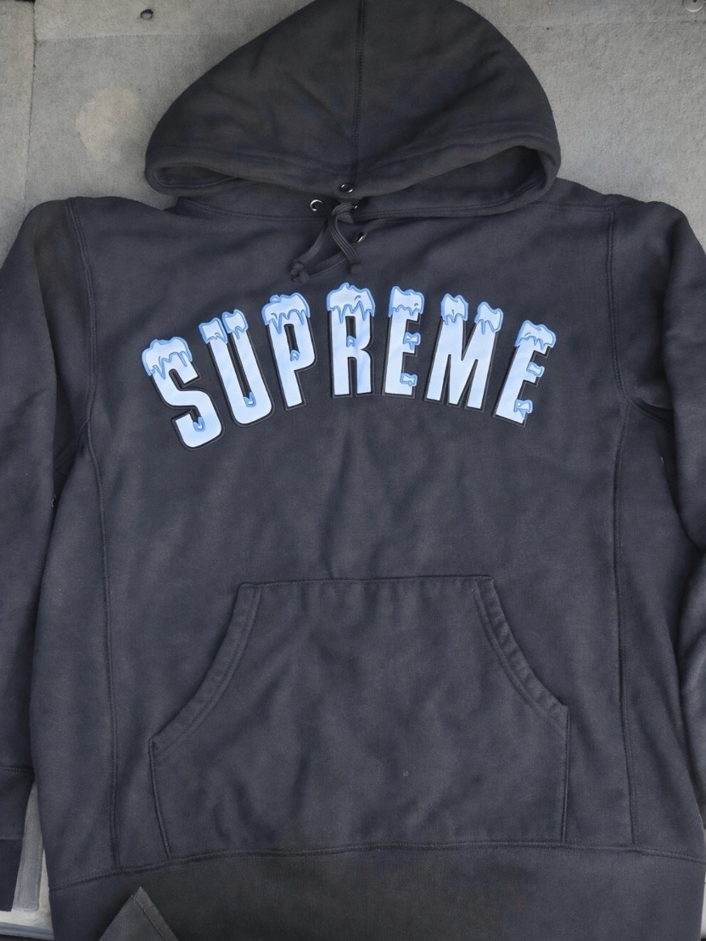Supreme Black Hoodie with Light Blue Drip Arch Logo - Men Sweater
